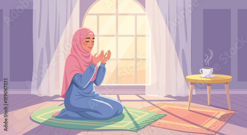 Muslim woman praying at home in soft morning light, peaceful spiritual moment, hijab