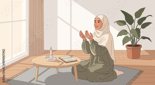 Muslim Woman Praying at Home with Book and Candle