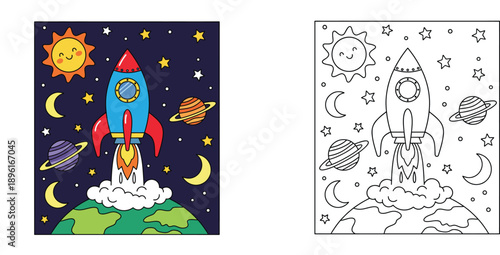 Space Rocket Launch Coloring Page for Kids with Planets, Stars, Sun and Earth. Educational Activity Vector Illustration for Children's Book and Coloring Worksheet Set for Preschool.