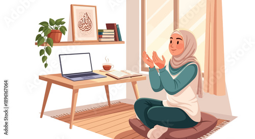Muslim Woman Praying at Home with Laptop and Books