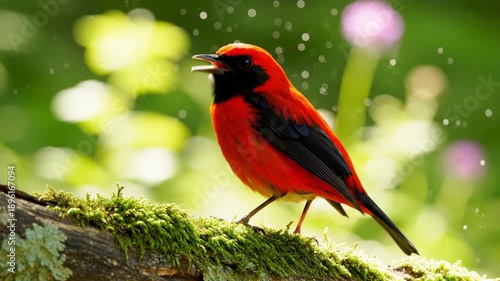 Red bird with black markings sits on mossy branch beak open against a blurred green and purple backdrop