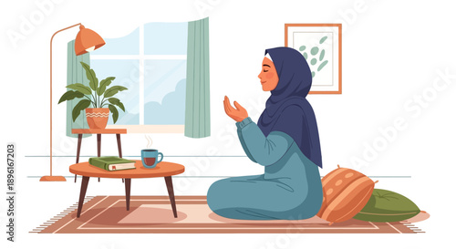 Muslim Woman Praying at Home, Peaceful Islamic Devotion and Spirituality