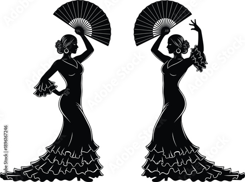 Flamenco dancer silhouette illustration, Spanish woman dancing with fan, traditional culture performance, elegant motion, black white vector art