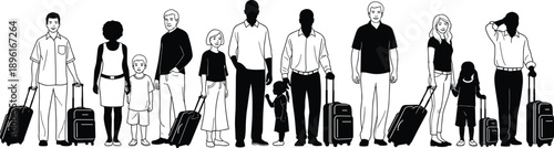 Travelers with luggage illustration, diverse people standing with suitcases, family vacation journey concept, tourism lifestyle, black white vector
