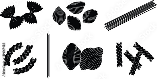 Pasta types silhouette collection, Italian food ingredients shapes, spaghetti fusilli farfalle conchiglie variety, black isolated vector illustration