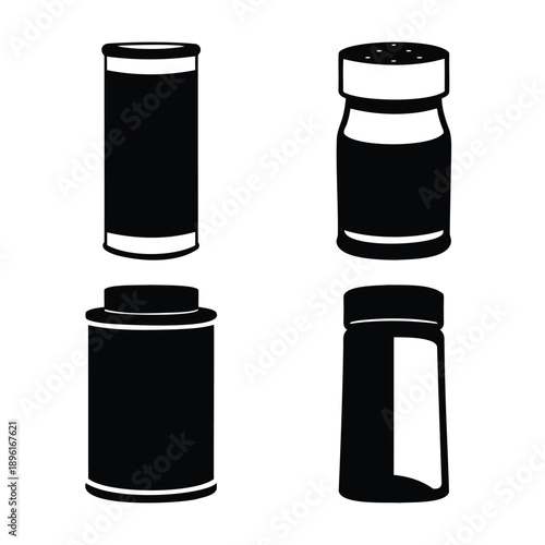 Collection of various spice and seasoning containers in black silhouette style