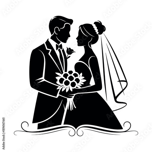 Elegant bride and groom silhouettes gaze lovingly at each other during ceremony.