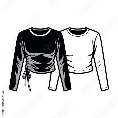 Two long sleeve women's crop tops, one black with adjustable side ruching and one white.