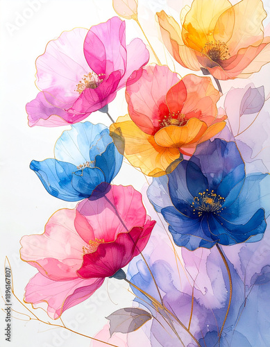 Wallpaper Mural Vibrant watercolor poppies with delicate gold outlines on a white background Torontodigital.ca