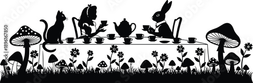 Fairytale tea party silhouette illustration, whimsical alice inspired characters, rabbit cat garden scene, fantasy storybook design, black isolated vector art