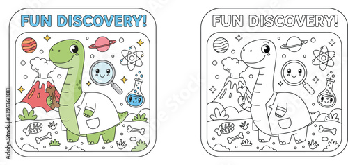 Cute dinosaur scientist coloring page vector. Funny dino archaeologist in lab coat with volcano, planets and fossils. Educational outline for kids activity.
