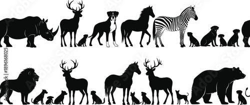 Animal silhouette lineup, wild and domestic species, black vector illustration, size comparison, nature diversity, white background, pets