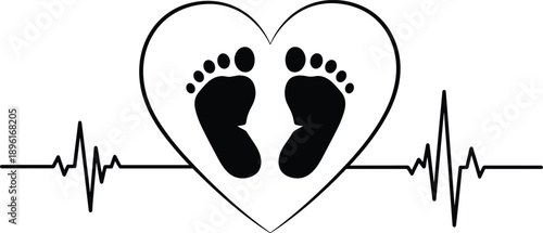 Baby footprint heart silhouette with heartbeat line, newborn love symbol, maternity healthcare vector illustration design