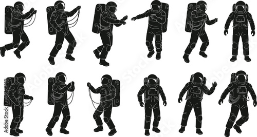 Astronaut silhouette illustration, space suit poses, black vector icons, floating figures, cosmic activity, spacewalk design, mission graphic