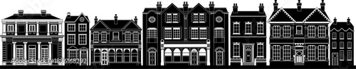 Black and white silhouette illustration of historic townhouse houses Victorian Georgian old buildings street facade. Architectural houses ideal for urban backgrounds, cityscape design.