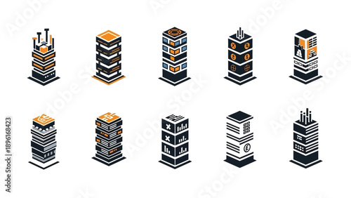 Futuristic Isometric Buildings Collection, Sci-Fi Cityscape Elements, Digital Architecture