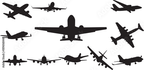 Silhouettes of Various Airplanes and Jets Flying