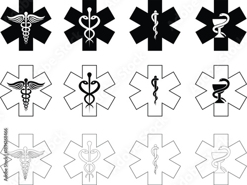 Medical snake and caduceus star of life icons set with pharmacy and healthcare symbols in flat and line style, isolated on transparent background, medical icon collection group