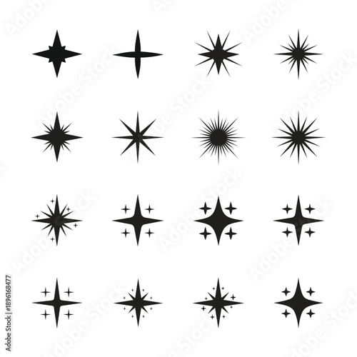 Black sparkle and starburst icons set for magic effects and festive design elements