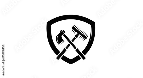 Shield with crossed axe and rake icon