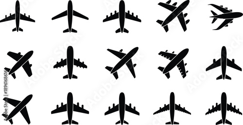 Array of black airplane silhouettes from a top-down perspective illustrating different jetliner and configurations