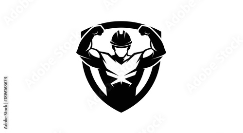 Strong worker silhouette in shield