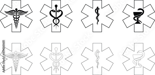 Medical snake and caduceus star of life icons set with pharmacy and healthcare symbols in flat and line style, isolated on transparent background, medical icon collection group