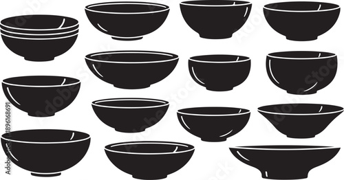 Collection of black bowls on white background