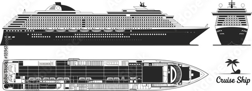Black and white schematic of a contemporary cruise ship with side, front, and comprehensive top-down deck plan views