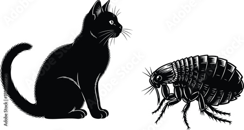 Cat flea silhouette, pet parasite concept, black vector illustration, animal health issue, white background, feline pest awareness