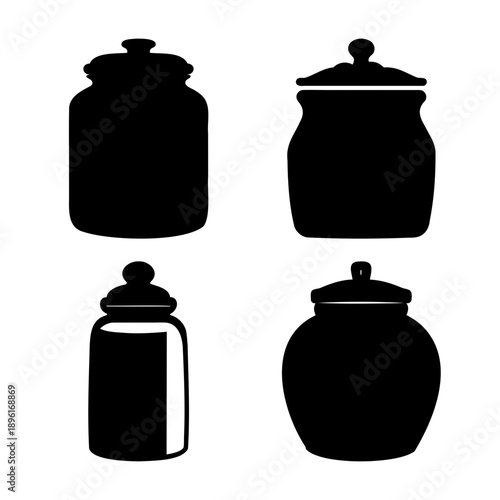 Collection of diverse black silhouette jar icons with lids for kitchen and pantry storage