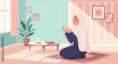 Muslim Woman Praying at Home, Peaceful Islamic Devotion, Ramadan or Eid Celebration