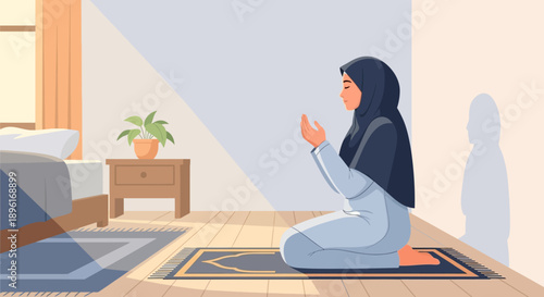 Muslim Woman Praying at Home, Peaceful Islamic Devotion, Ramadan or Eid Scene