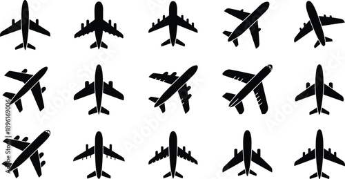 Collection of black silhouette representing different airplane models in various flight positions for aviation and travel concepts