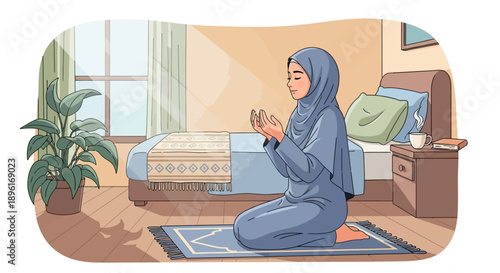 Muslim Woman Praying at Home, Ramadan, Islamic Devotion, Peaceful Solitude