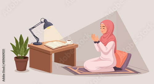 Muslim Woman Praying at Home, Reading Book Under Desk Lamp
