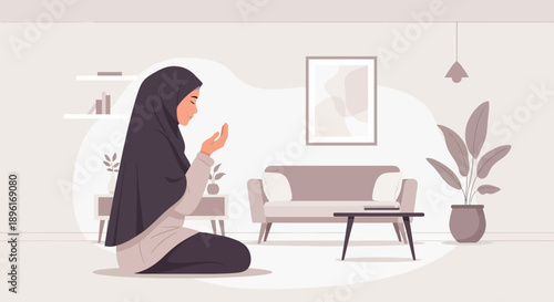 Muslim Woman Praying at Home, Reading Quran in a Peaceful Living Room