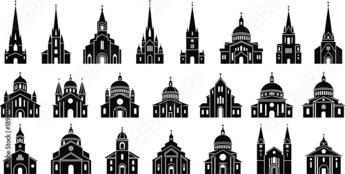 Church and cathedral silhouette icons, diverse architecture styles, steeples, domes, towers, facades, religious buildings, vector set