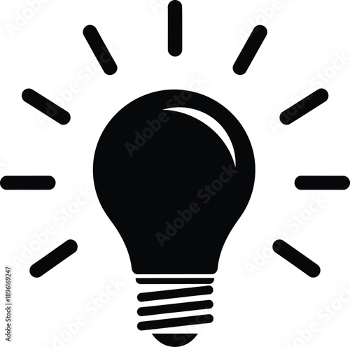 Black light bulb icon with rays isolated on transparent background
