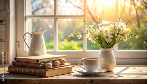 still life with a cup of tea and flowers