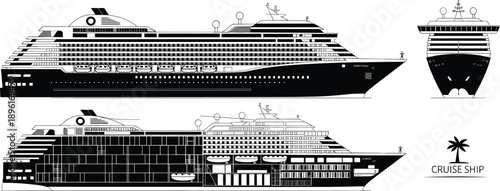 Detailed black and white of a modern cruise ship from side, front, and views with deck plans ocean liner