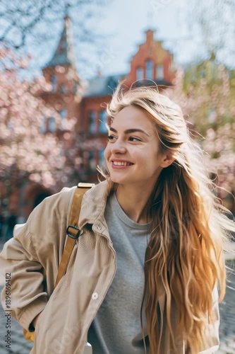 A young female student stands on a cobblestone street in campus on the background of red brick buildings among a trees on spring day, she focused intently on her smartphone screen