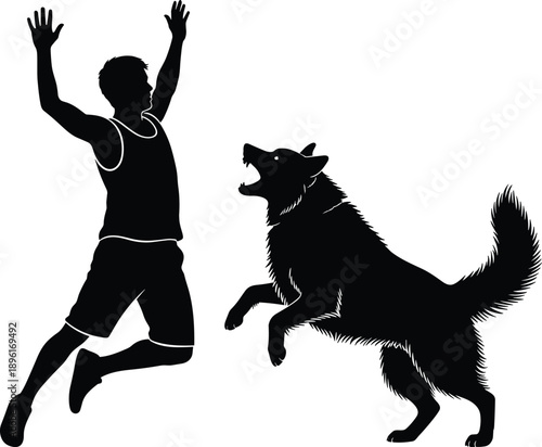 Dog attack silhouette, person jumping back, black vector illustration, dramatic motion, fear response, animal behavior, white background