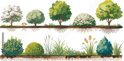 Diverse collection of garden plants and trees with visible root systems in cross-section showcasing botanical and horticultural