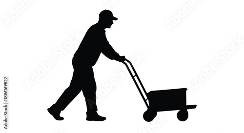Silhouette of a man pushing a hand truck or utility cart