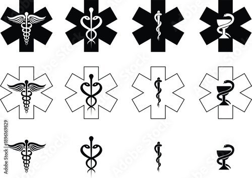 Medical snake and caduceus star of life icons set with pharmacy and healthcare symbols in flat and line style, isolated on transparent background, medical icon collection group