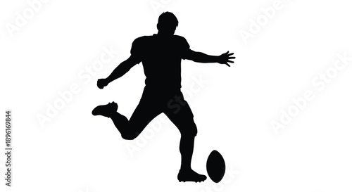 Silhouette of a football player kicking a ball against a white background
