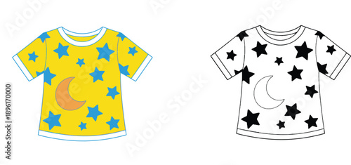 Kids T-shirt Illustration Set with Moon and Stars Pattern featuring Colored and Black and White Outline Versions for Coloring Book Fashion Design and Children's Apparel Projects