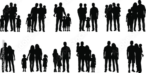 Family silhouette icons, diverse groupings, adults and children, black vector illustrations, parenting, relationships, household structure, design