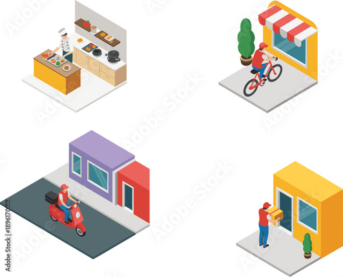 Isometric of a food delivery service with a chef preparing food and couriers on scooter and bicycle